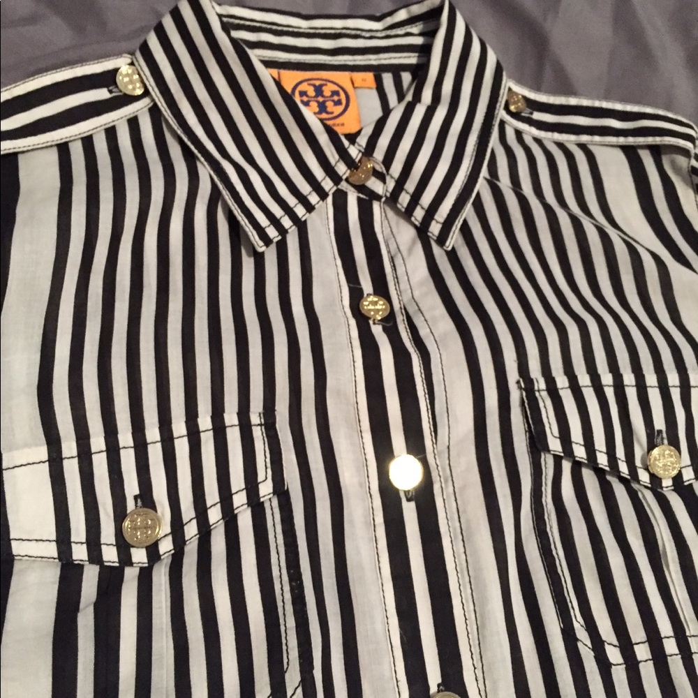 Tory Burch Black White Striped Blouse Top 12 AUTH